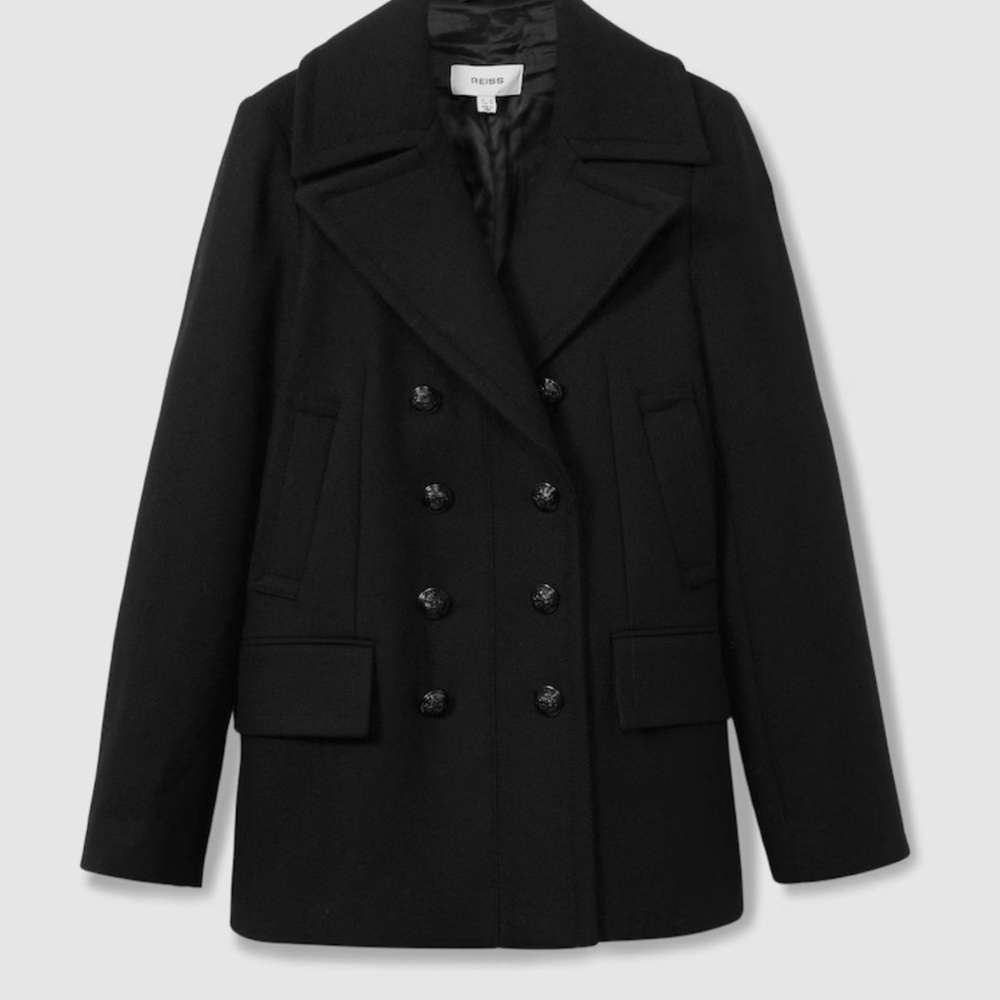 Reiss Black Double-Breasted Wool Pea Coat with Wide Lapels